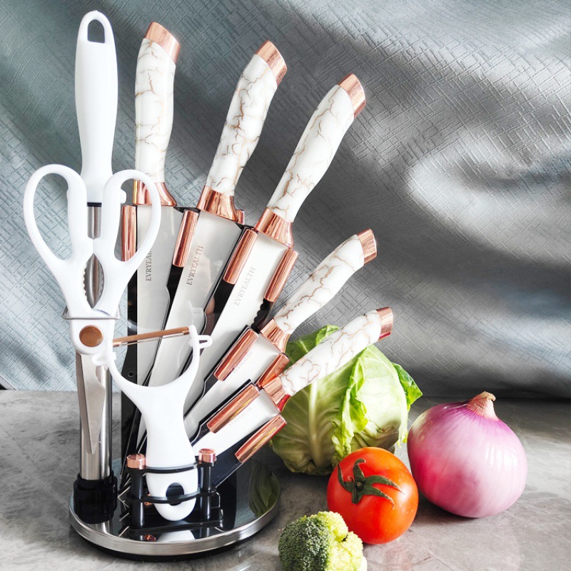 En stock mango de mármol conjunto de 9 piezas de estilo occidental antiadherente cuchillo de cocina oro rosa giratoria cuchillo titular al por mayor