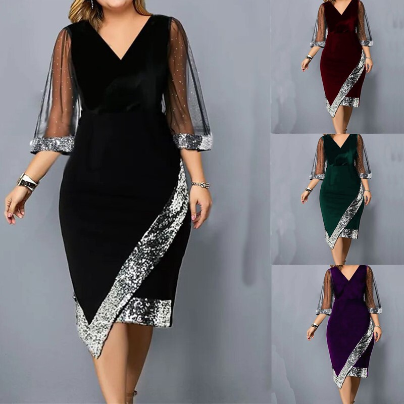 2023 Europe and the United States cross-border new wish independent station gold velvet irregular sequins see-through mesh ladies dress