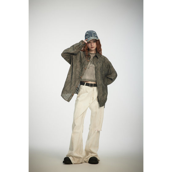 Cannotsurpass Texture Lapel New Chinese Style Shirt Men's Loose Long Sleeve Spring and Autumn Shirt CS39