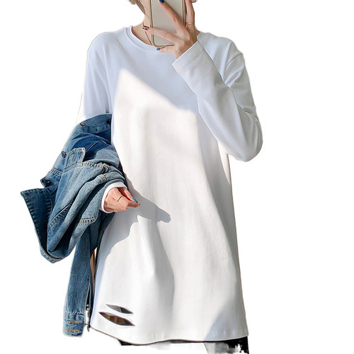 Women's Loose and Slimming Long Sleeve T-shirt with Holes, Mid-Length, Innerwear, 2025 Autumn/Winter, Fleece Lined and Thickened Crew Neck Top