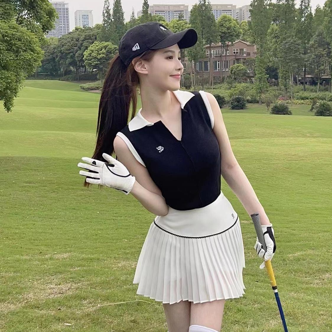 Korean Style Golf Women's Tennis Short-Sleeved Pleated Skirt Suit Golf Clothing Women's Summer Sports Suit Skirt
