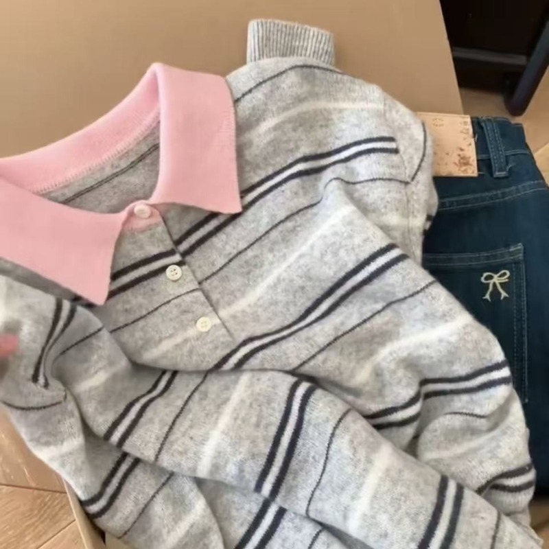 韩版条纹撞色翻领半纽扣套头毛衣女装秋季新款时尚显瘦针织衫上衣|undefined