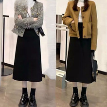 毛呢半身裙女2024春秋新款高腰a字小个子休闲开叉一步西装裙子冬