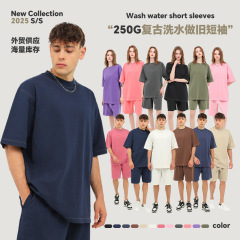 2025重ポンド純綿250gレトロ水洗い自慢染め古いtシャツクロスボーダーアメリカゆるい半袖男性tシャツ