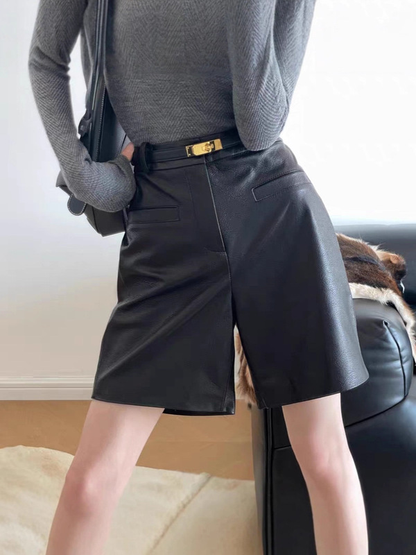真皮绵羊皮短裤女2025秋冬高腰a字外穿显瘦阔腿休闲裤靴高腰显瘦|undefined