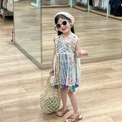 2024夏季韓版 童裝新品 女童度假風花鳥吊帶連衣裙蕾絲罩衫背心裙