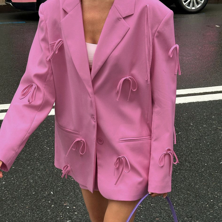 2026 New Spring and Autumn Women's Blazer with High-End Design, Unique Bowknot, Pink Loose Casual Suit