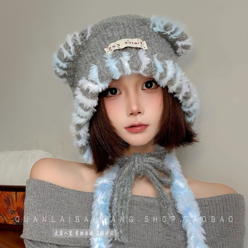 多巴胺猫耳朵毛绒针织帽子女秋冬天保暖可爱毛线帽辫子护耳包头帽|undefined