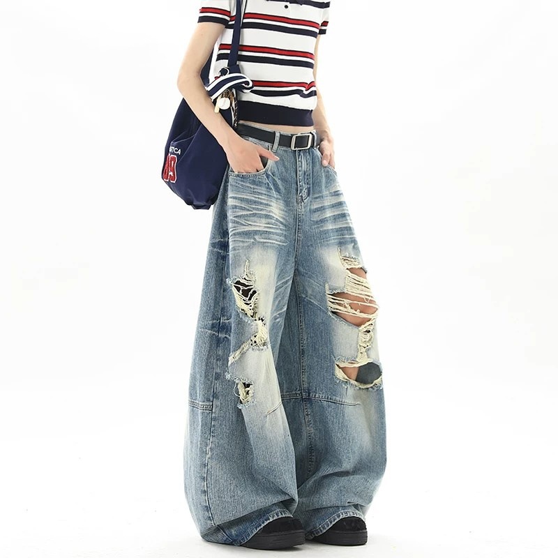 Men Women Washed Whiskering Ripped Jeans Street Style Summer New Retro Cool Scimitar Wide Leg Trousers_mkmklike.com