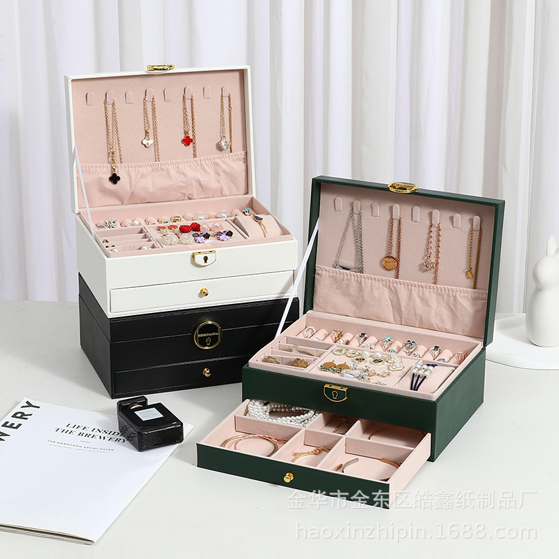 Nueva caja de joyería de doble capa hogar simple caja de almacenamiento de joyería con cerradura portátil de gran capacidad caja de embalaje de joyería al por mayor