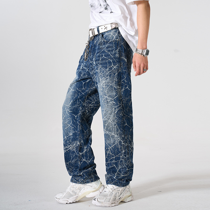 Men's Loose Straight Leg Jeans High Street Lightning Print Retro Cool Wide Leg Trousers For Spring Autumn_mkmklike.com