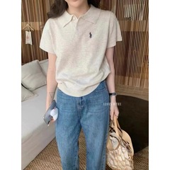 Cautious ポロシャツ韓国風半袖ニットトップ女性の夏カジュアル多用途ポニー刺繍セーター薄手
