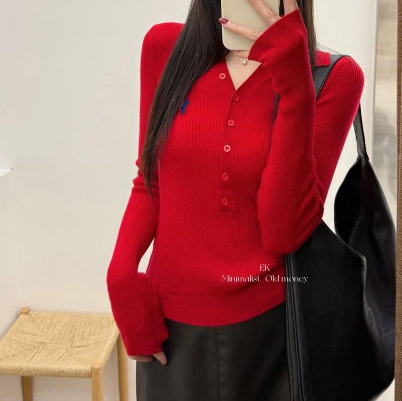 老钱风排扣翻领羊毛针织衫女秋季新款修身显瘦刺绣上衣|undefined