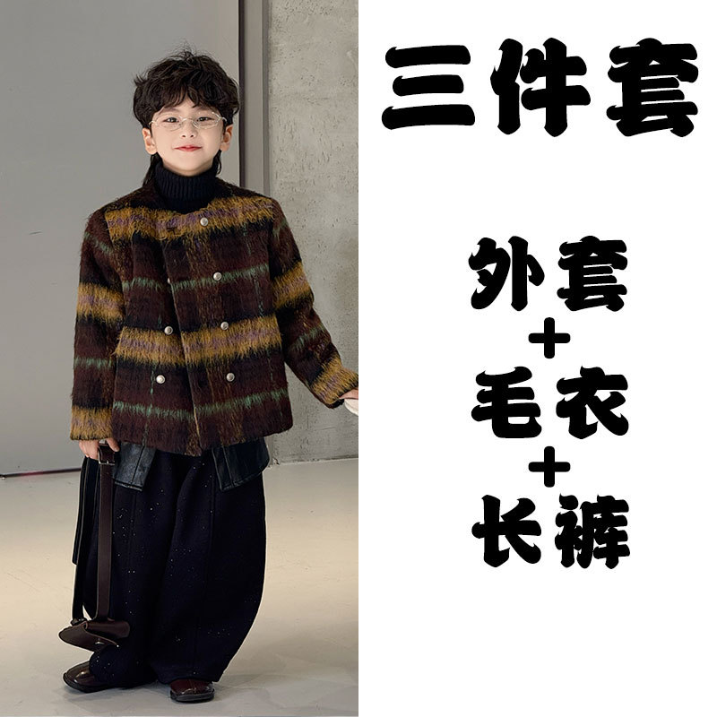 Комплект, коричневая шерстяная куртка, флисовые черные штаны, свитер, 3 предмета