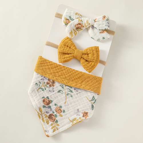 European and American best-selling baby saliva towel nylon headband set newborn cotton printed bow soft hairband