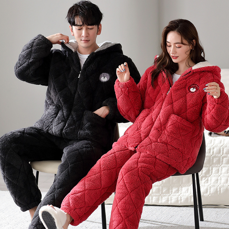 Winter couple pajamas women's coral fleece long-sleeved hooded sweater style three-layer thickened quilted couple flannel pajamas Winter couple pajamas women's coral fleece long-sleeved hooded sweater style three-layer thickened quilted couple flannel pajamas