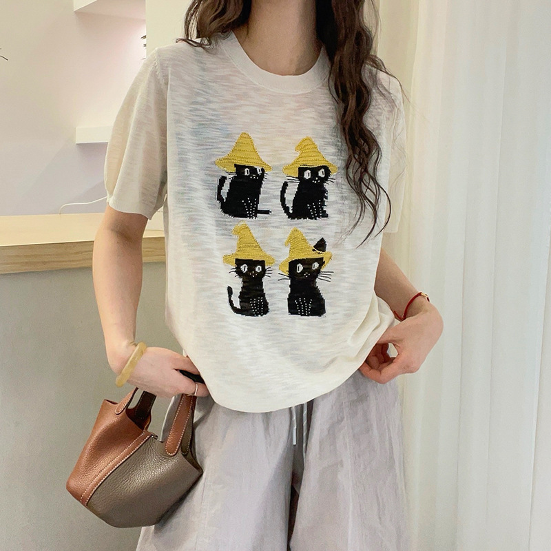 2025 新猫刺繍ラウンドネック半袖 Tシャツ女性の夏のアイスシルクスリムニットカジュアルルーズトップ|undefined