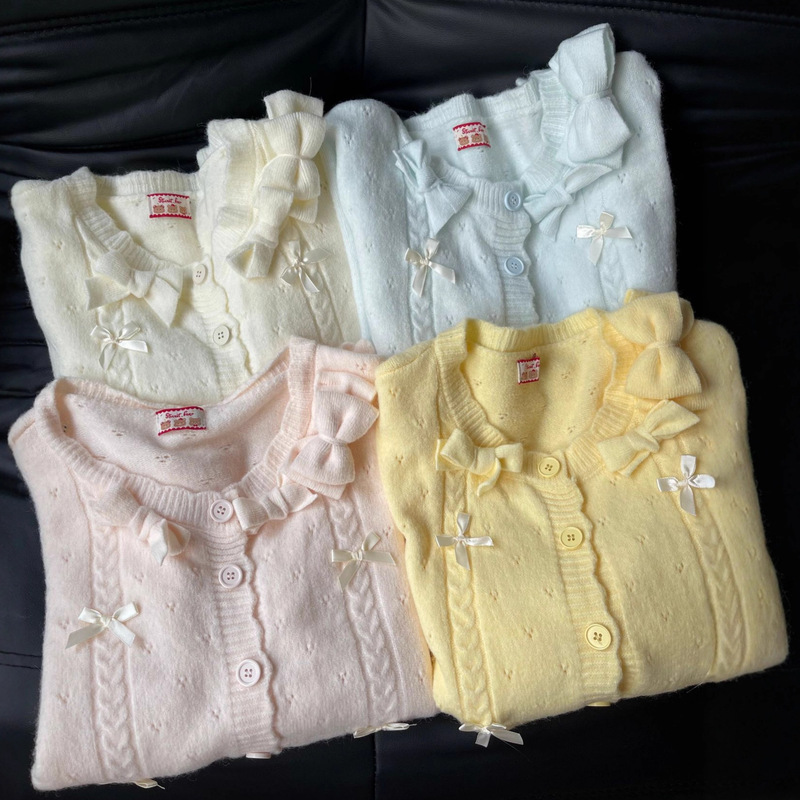 Korean Sweet Bow Lace Woolen Girl 2025 Spring & Fall Preppy Style Lazy Age-Reducing Girl Knitted Cardigan Top