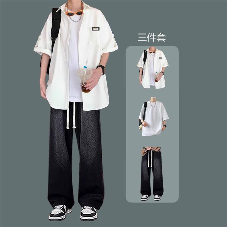 Ice Silk Short-Sleeved Shirt Suit Men's Summer Thin High-End Shirt Three-Piece Set Lazy Style Complete Set to Wear with
