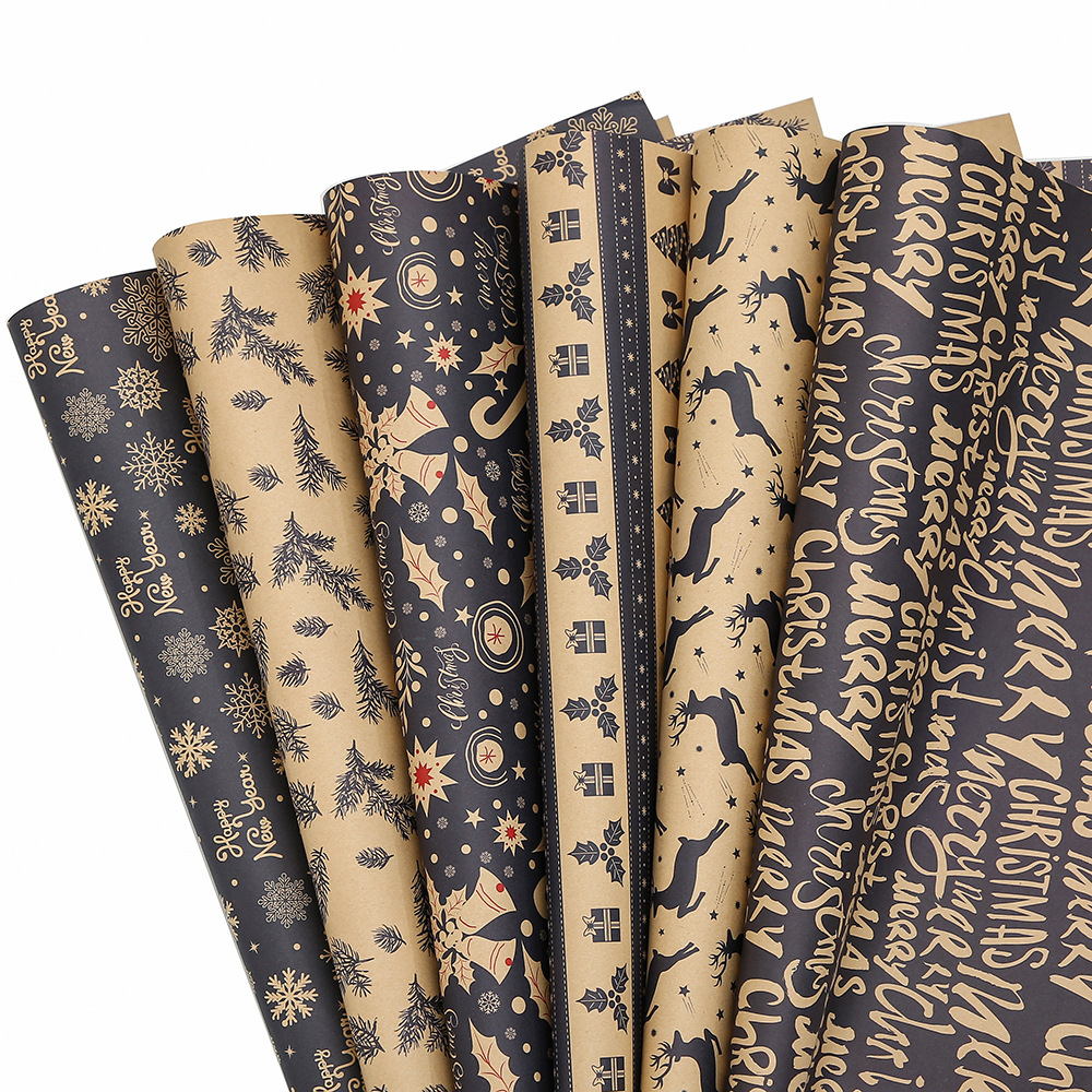 Nuevo papel de embalaje kraft de Navidad retro, papel de embalaje de regalo de nieve de alce, papel de embalaje de Nochebuena