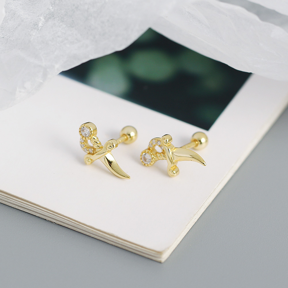 Retro S925 Silver Small Dagger Inlaid Diamond Puncture Screw Ear Bone Stud display picture 4