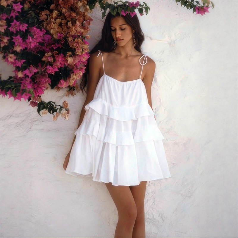 Cross-Border European and American Women's Clothing, Summer Multi-Layered Ruffle Cake Skirt, Short Sweet and Fresh Backless Suspender Dress