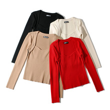 Z跨境欧美风2025新款时尚气质女 批发方领修身弹力显瘦打底针织衫