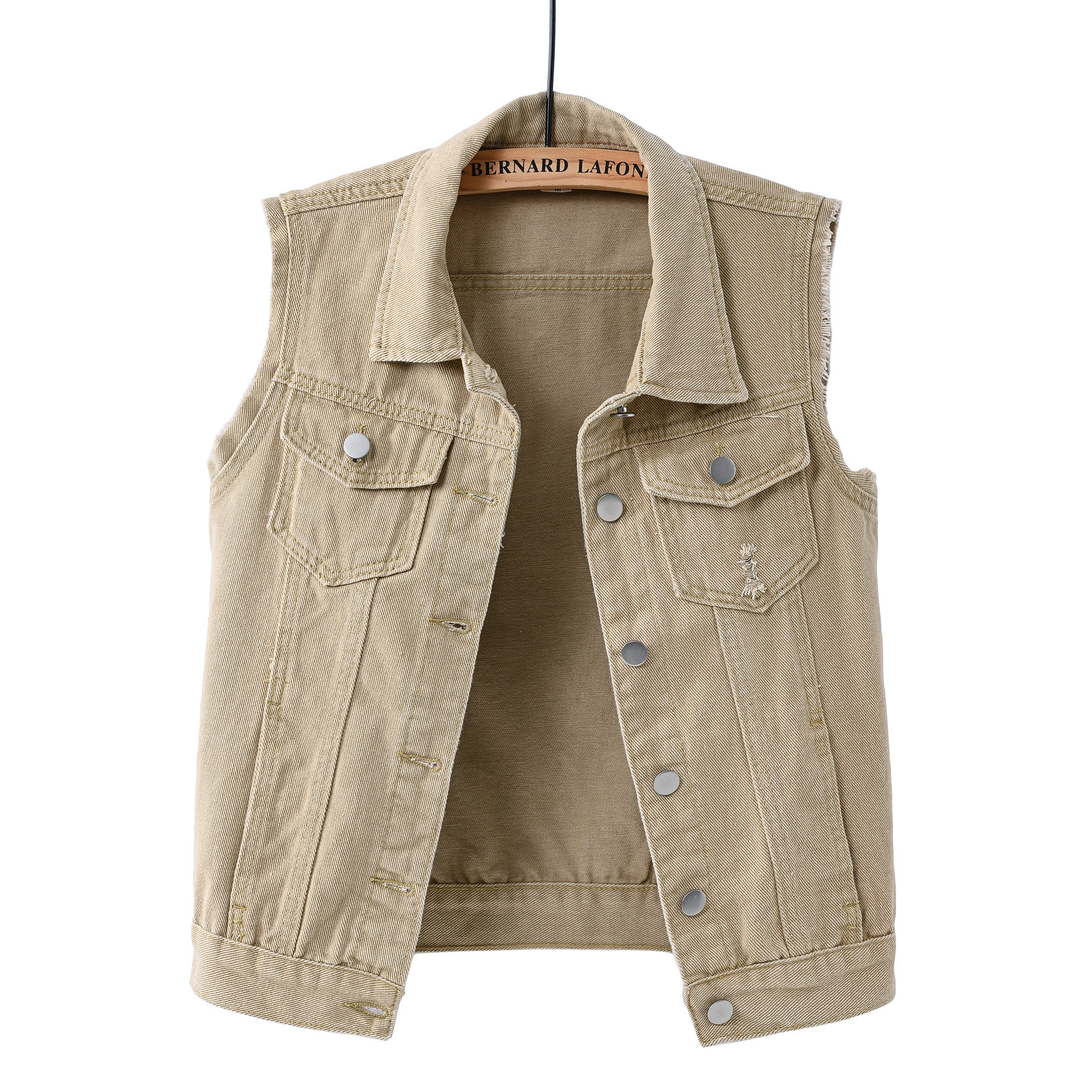 Multi-Color Denim Vest for Women, Short Style, Spring and Summer, Slim Fit, Frayed Edges, Sleeveless Jacket, Khaki Top