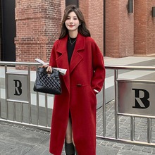 实拍红色双面羊绒大衣女2024秋冬新款宽松时尚高级感长款羊毛外套