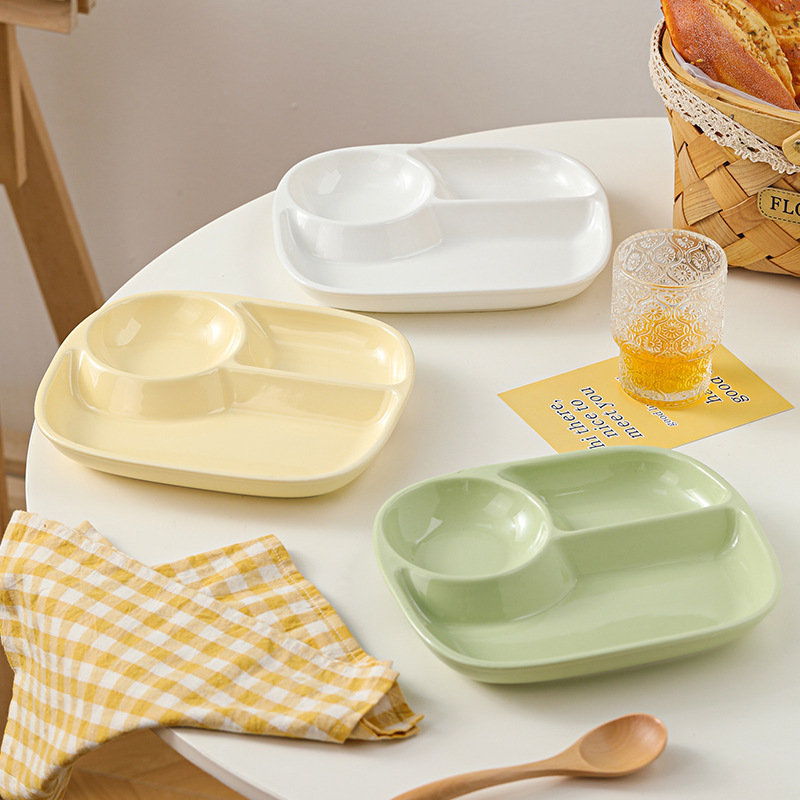 High-Quality Divided 211 Dinner Plate for One Person, Household Tableware, Breakfast, Kidsren's Ceramic Ins Plate, Three-Compartment Divided Dinner Plate