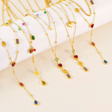 炫彩夏日新款时尚彩色钻石流苏锁骨链爱心双层叠戴不锈钢项链批发