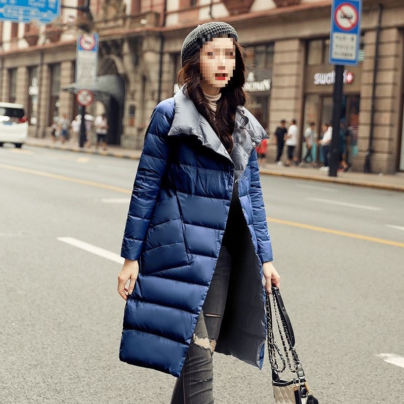 Winter Lightweight Double-Sided down Jacket for Women, Mid-Length New Korean Style Trendy Slim White Duck down Over-The-Knee Stand-Up Collar Jacket