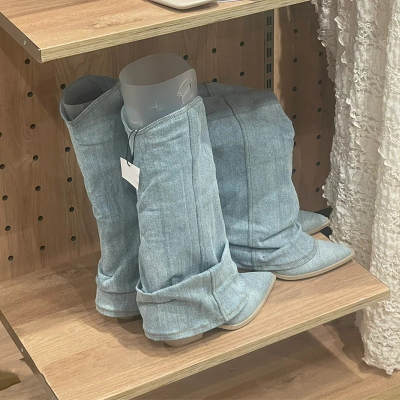 Women's Long Boots Pointed High Heel Western Cowboy Boots Retro Blue Thick Heel Large Wose Pants Boots Knight High Boots