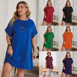 European and American Amazon Independent Website Plus-Size Women's Clothing Solid Color Scoop Neck Batwing Sleeve Dress Elegant European and American Style