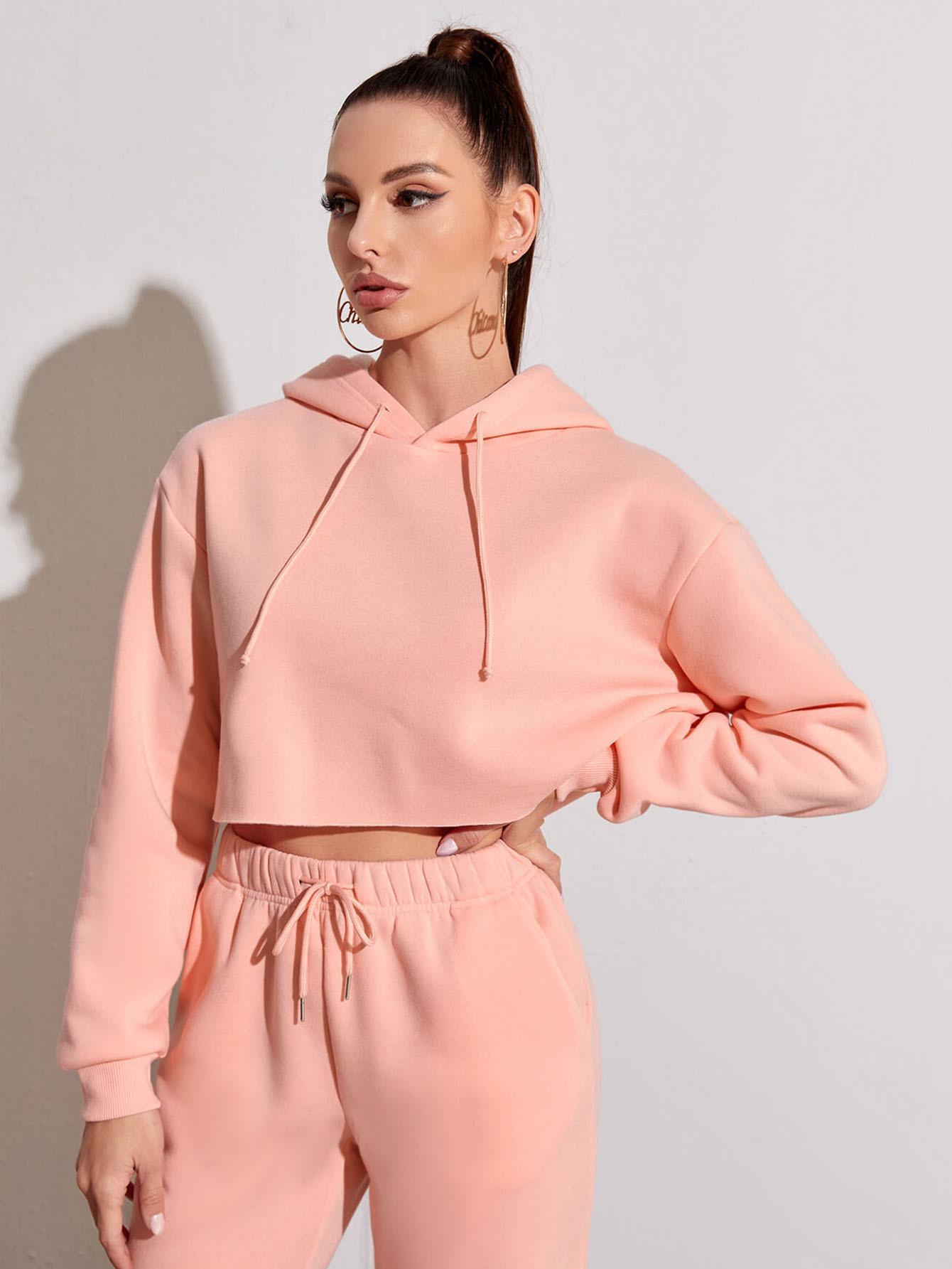 Fleece Solid Color Short Navel-Exposed Hooded