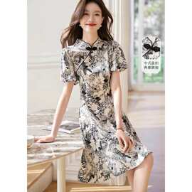 后拉链旗袍显瘦连衣裙女2024夏季新款盘扣气质国风中长款小个子裙