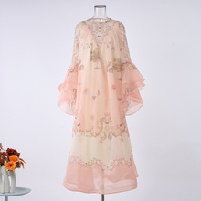 跨境复古风2025秋季新款真丝印花长款连衣裙宽松舒适大码女装长裙