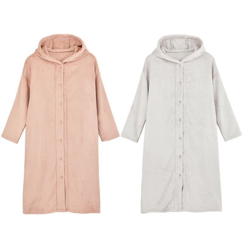 MUJI 일본식 따뜻한 벨벳 마이크로 화이버 파자마 여성용 겨울 긴 카디건 홈 옷 외부 잠옷