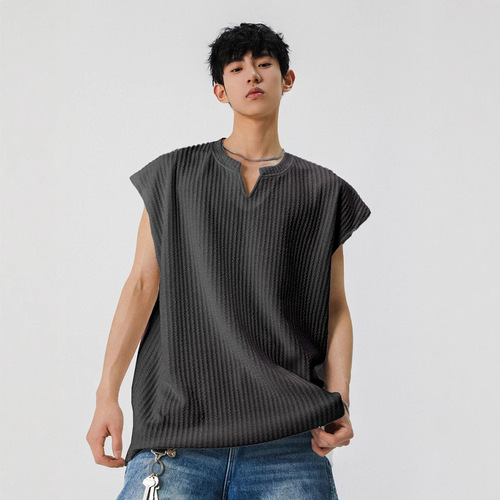 Texture V-neck Men's Summer 2025 Quick-dry Outerwear Sport Kimono Youth Wide Shoulder Sleeveless T-shirt