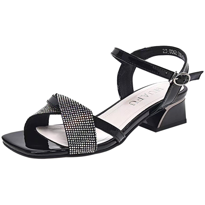 Sandal cao gót nữ quai ngang đính đá pha lê, gót vuông ổn định, chất da thật — Màu đen
