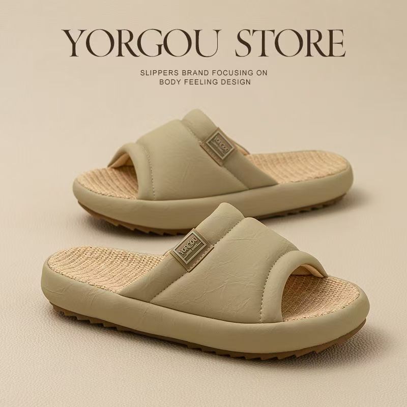 Far Hong Kong Four Seasons wormwood deodorant linen slippers women's spring and summer home indoor non-slip sweat-absorbent PU leather mop men's soft bottom