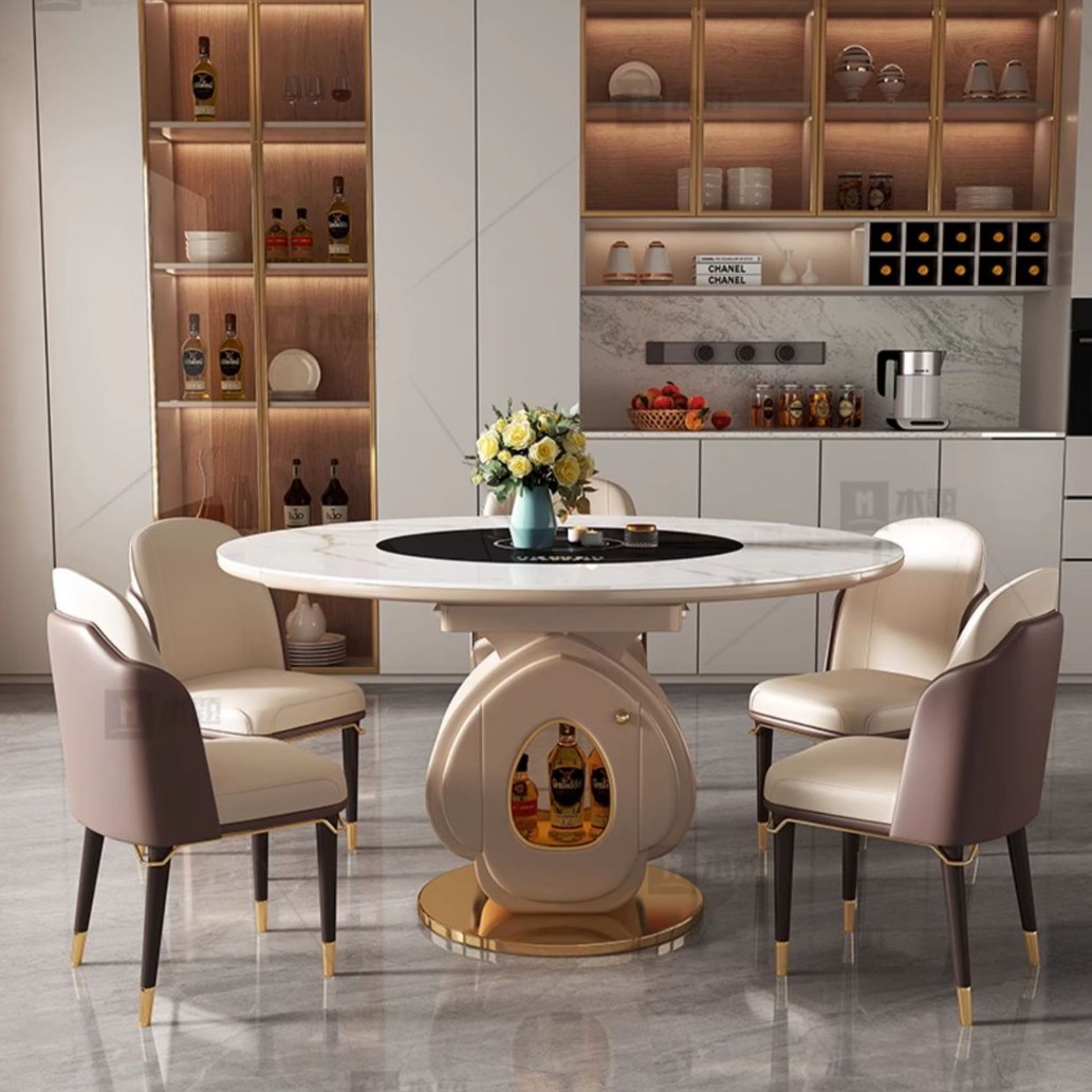 Mesa de mesa de isla de roca Mesa de comedor retráctil Mesa redonda para el hogar Mesa giratoria inteligente minimalista moderna Combinación de mesa y silla de té multifuncional de lujo ligero