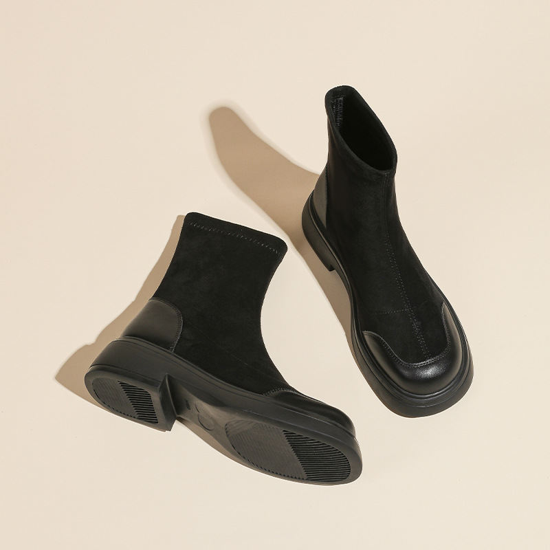 Slimming Korean Style Round Toe Suede Short Women Sock Thick Platform Sole Elastic Slim Autumn Winter New Martin Boots_voghion.com