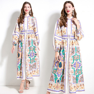 Original Design -2025 Spring/Summer Holiday Wind Vertical Collar Lantern Sleeve Positioning Printing Long Sleeve Waistline Ruffled Skirt