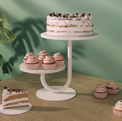 Decoraciones de mesa de postres de boda de dos niveles en dorado de Amazon, accesorios para boda, plato para pastel, soporte de hierro para postres