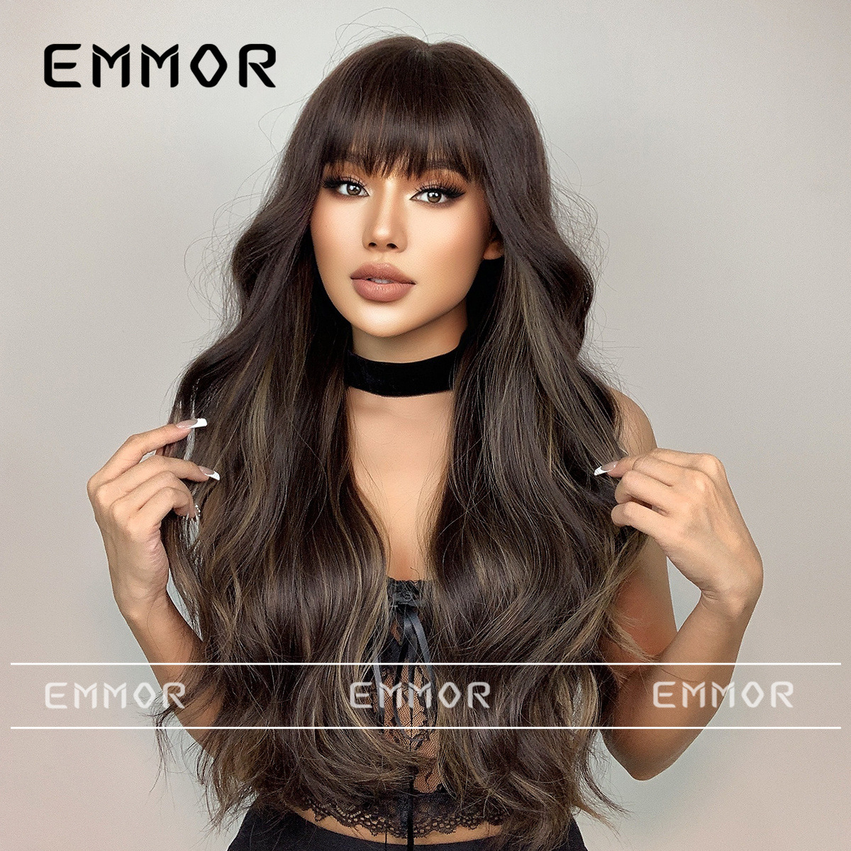 Elegante nueva moda de las mujeres Peluca de pelo largo y rizado con flequillo negro marrón estilo europeo y americano gran ola peluca cabeza cubierta