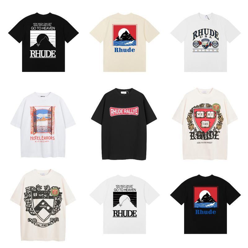 2026 Cross-Border European and American Trendy Brand Rhude Sunset Snow Mountain Letter Logo Pattern Printed Short-Sleeve T-Shirt for Men and Women