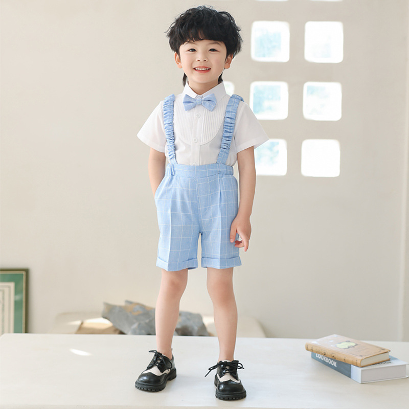 Children's Strap Pants Summer Gingham Short Sleeve Shirt Gingham Shorts Baby First Birthday Stylish Child Dress