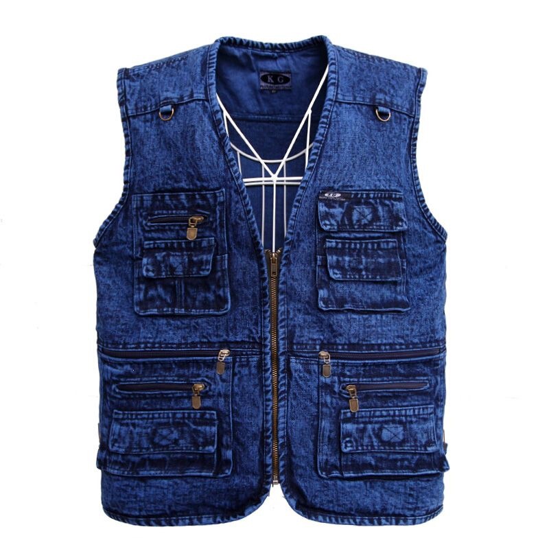Middle-Aged and Elderly Men's Denim Vest, Thickened with Multiple Pockets, Plus Size, Spring and Autumn Men's Vest, Middle-Aged Men's Sleeveless Jacket