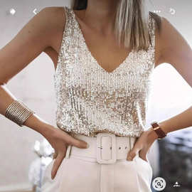 2025跨境欧美女装珠片亮片背心亚马逊无袖v领上衣夏季